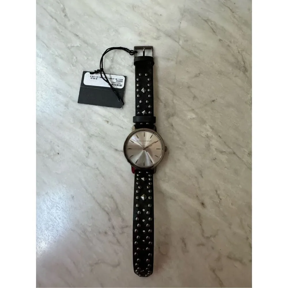 Rebecca Minkoff Black Leather Studded Strap Silver Dial Watch